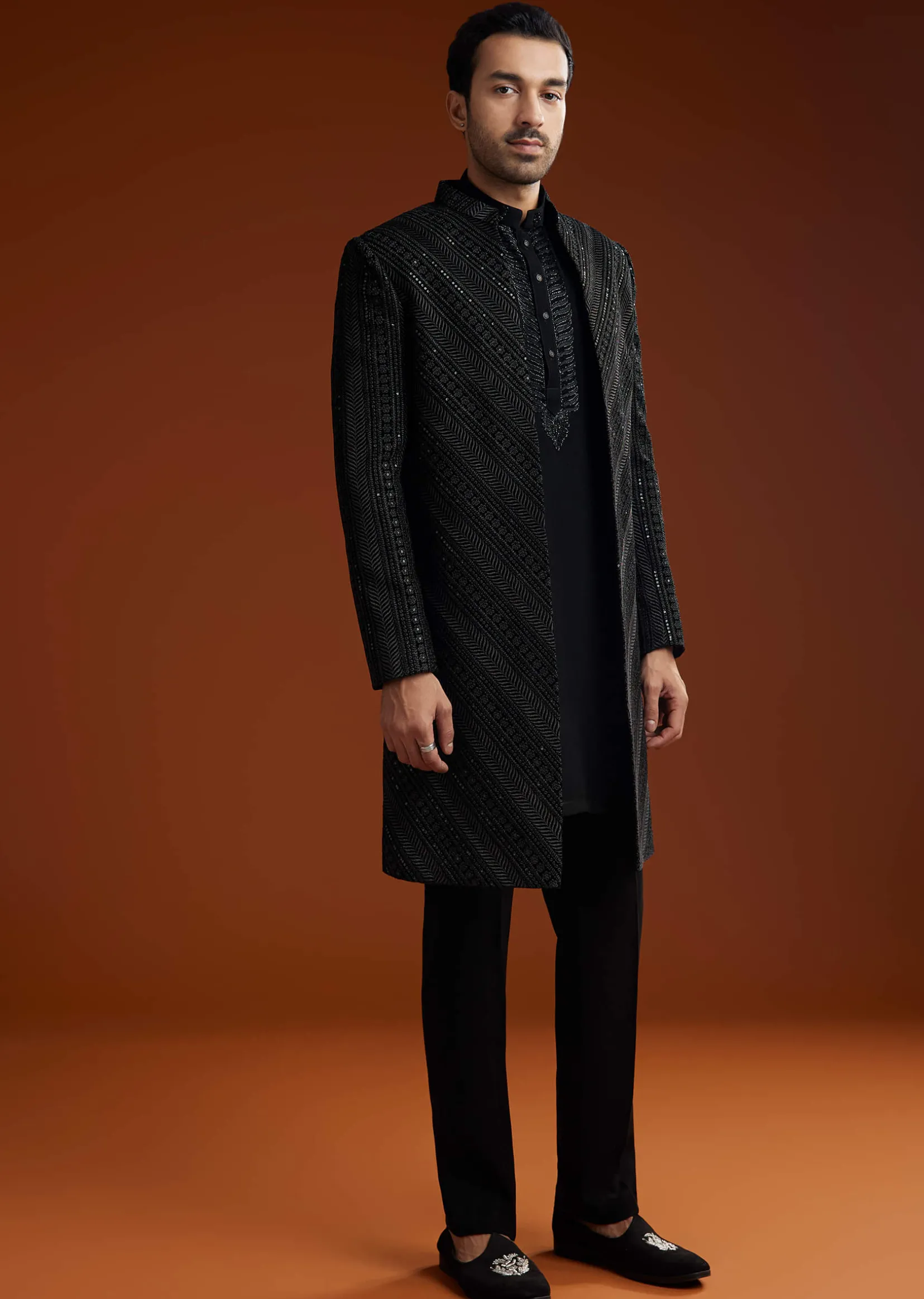 Black Velvet Open Indo Jacket Set With Cutdana Work