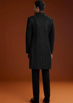 Black Velvet Open Indo Jacket Set With Cutdana Work