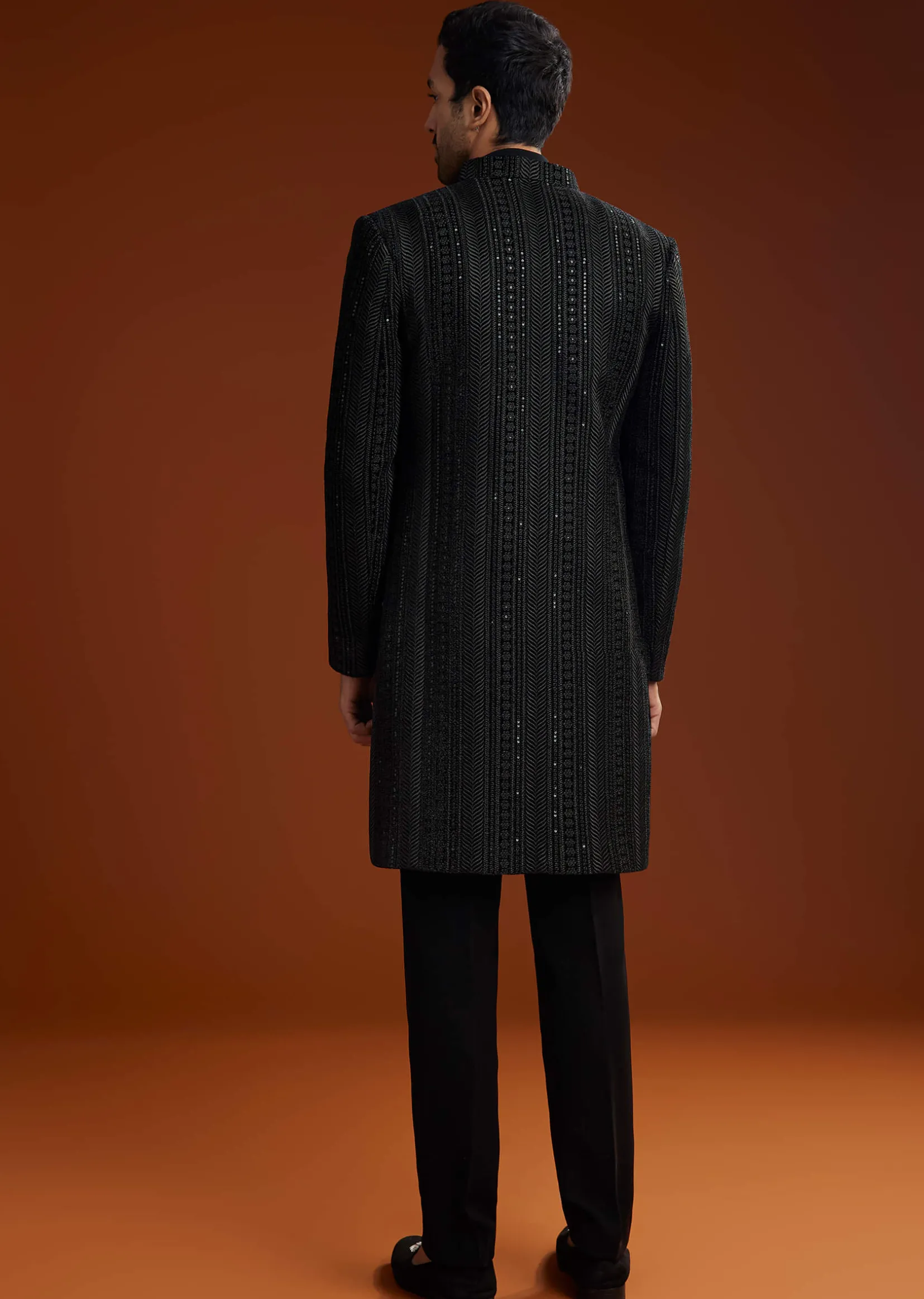 Black Velvet Open Indo Jacket Set With Cutdana Work