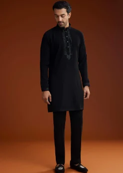Black Velvet Open Indo Jacket Set With Cutdana Work