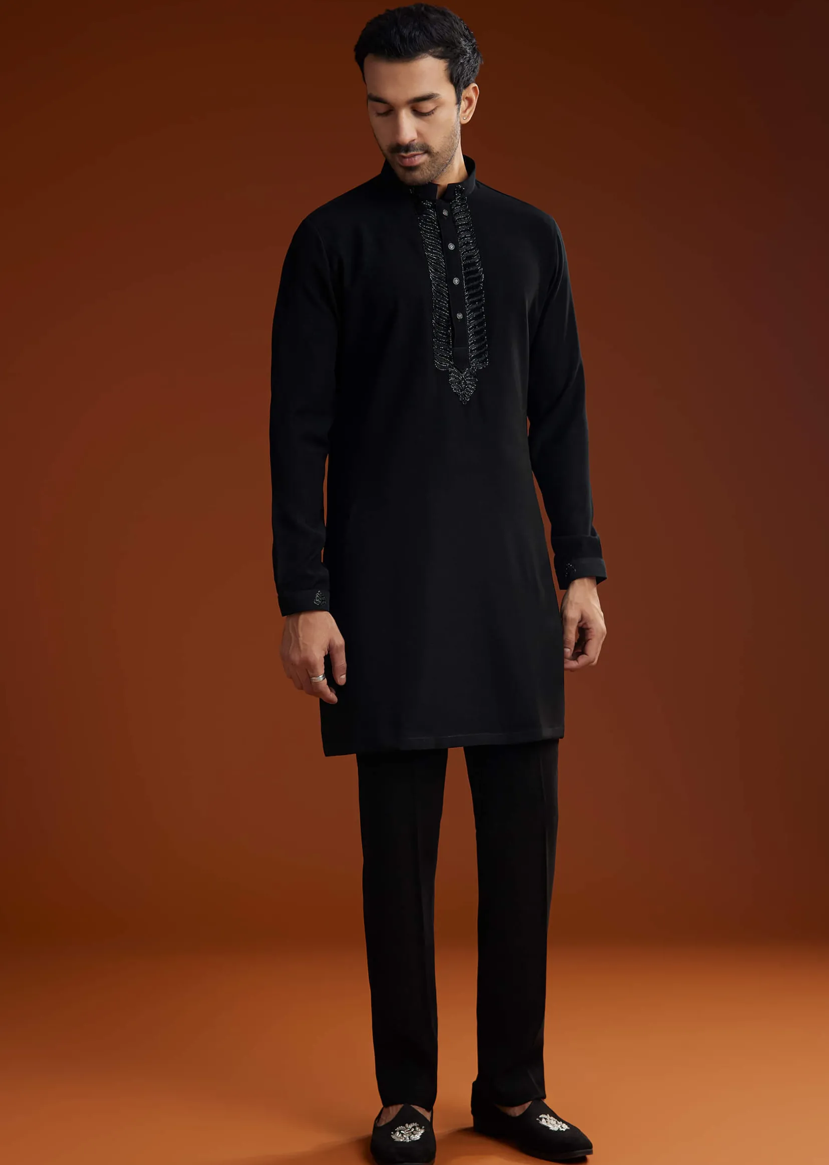 Black Velvet Open Indo Jacket Set With Cutdana Work