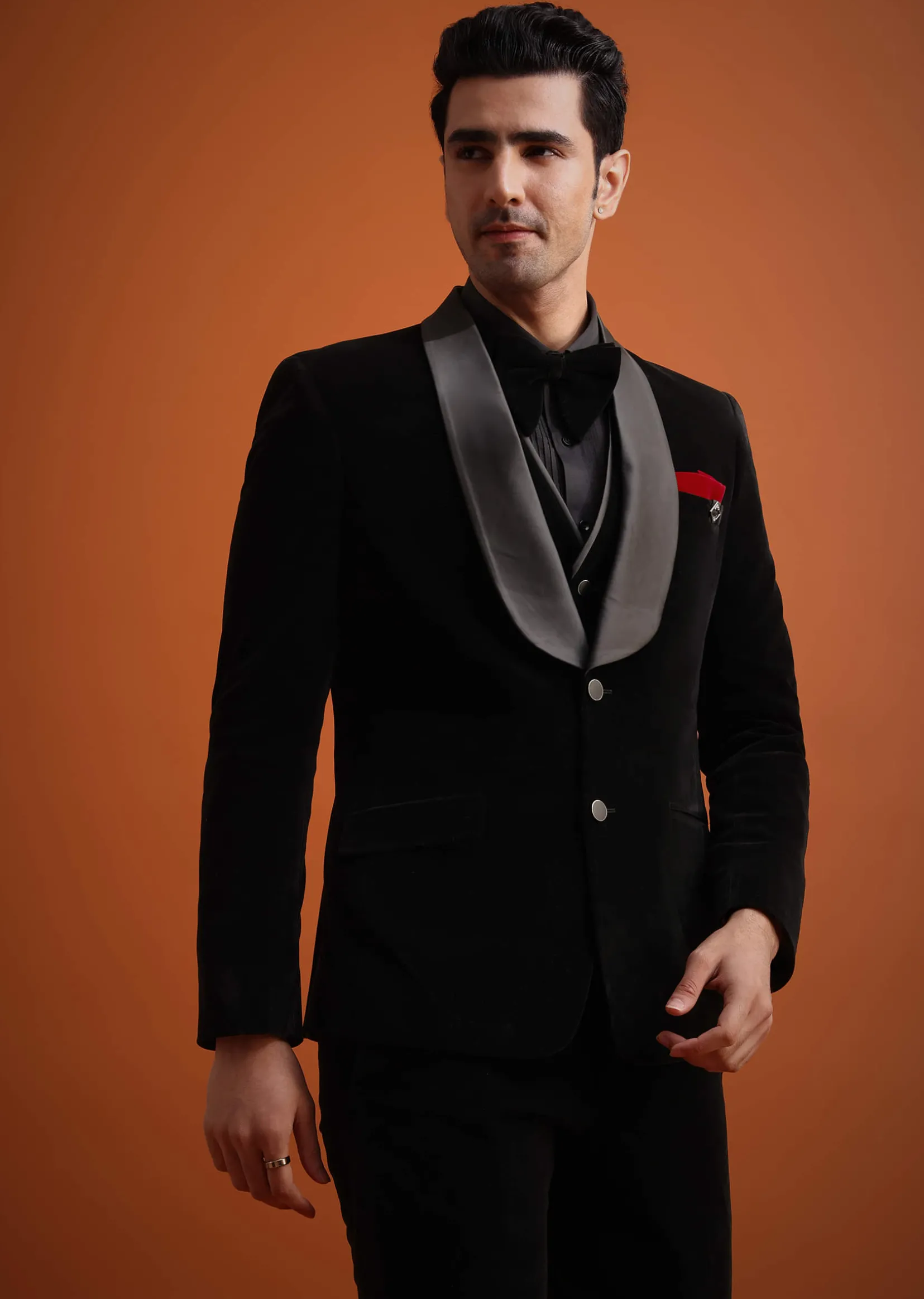 Black Velvet Tuxedo Set With Waistcoat And Bow
