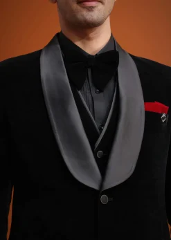 Black Velvet Tuxedo Set With Waistcoat And Bow