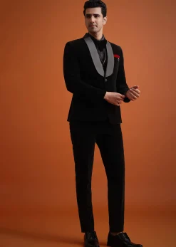 Black Velvet Tuxedo Set With Waistcoat And Bow