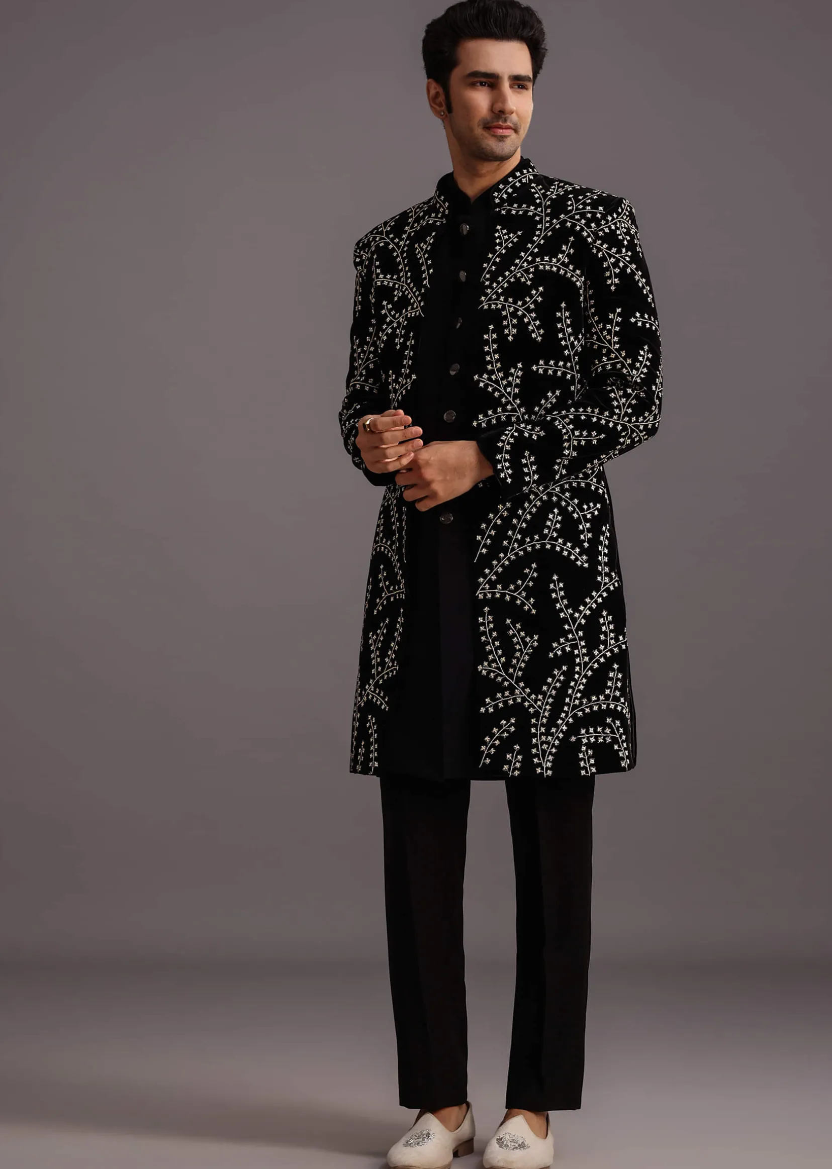 Black Velvet Zari Embroidered Indowestern Trouser Suit