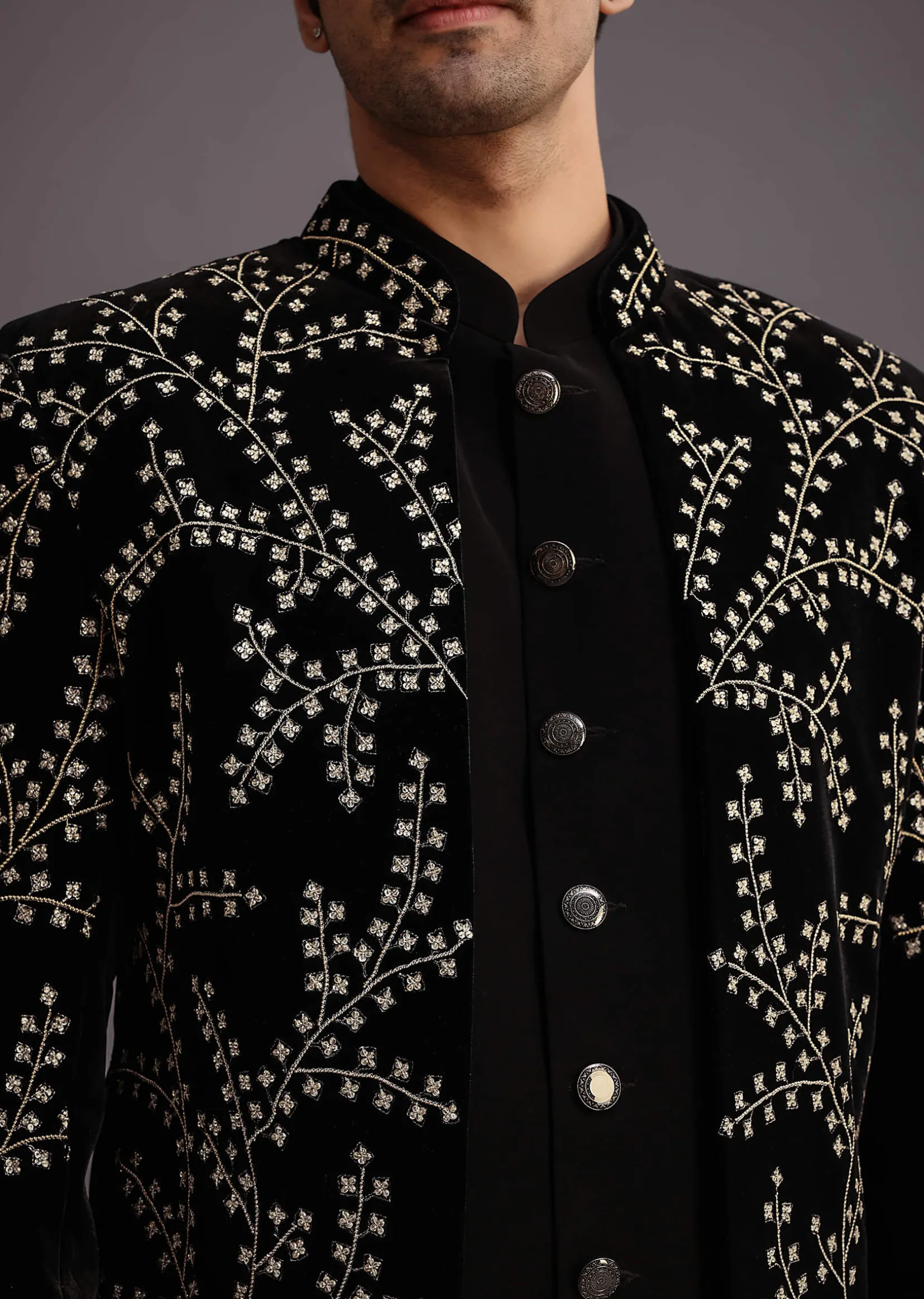 Black Velvet Zari Embroidered Indowestern Trouser Suit