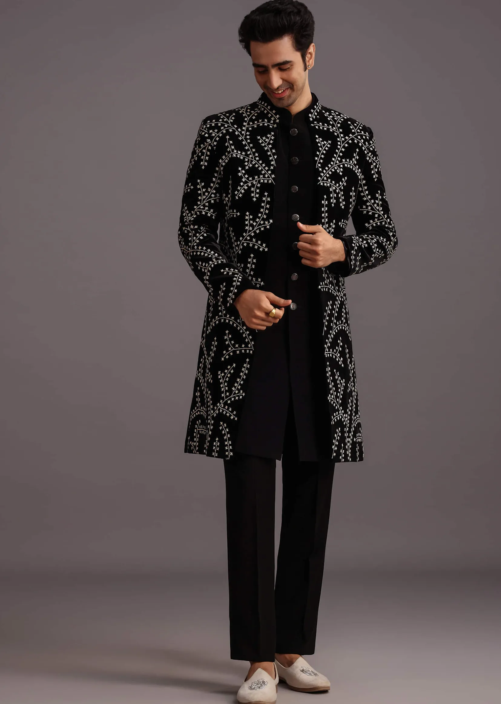 Black Velvet Zari Embroidered Indowestern Trouser Suit