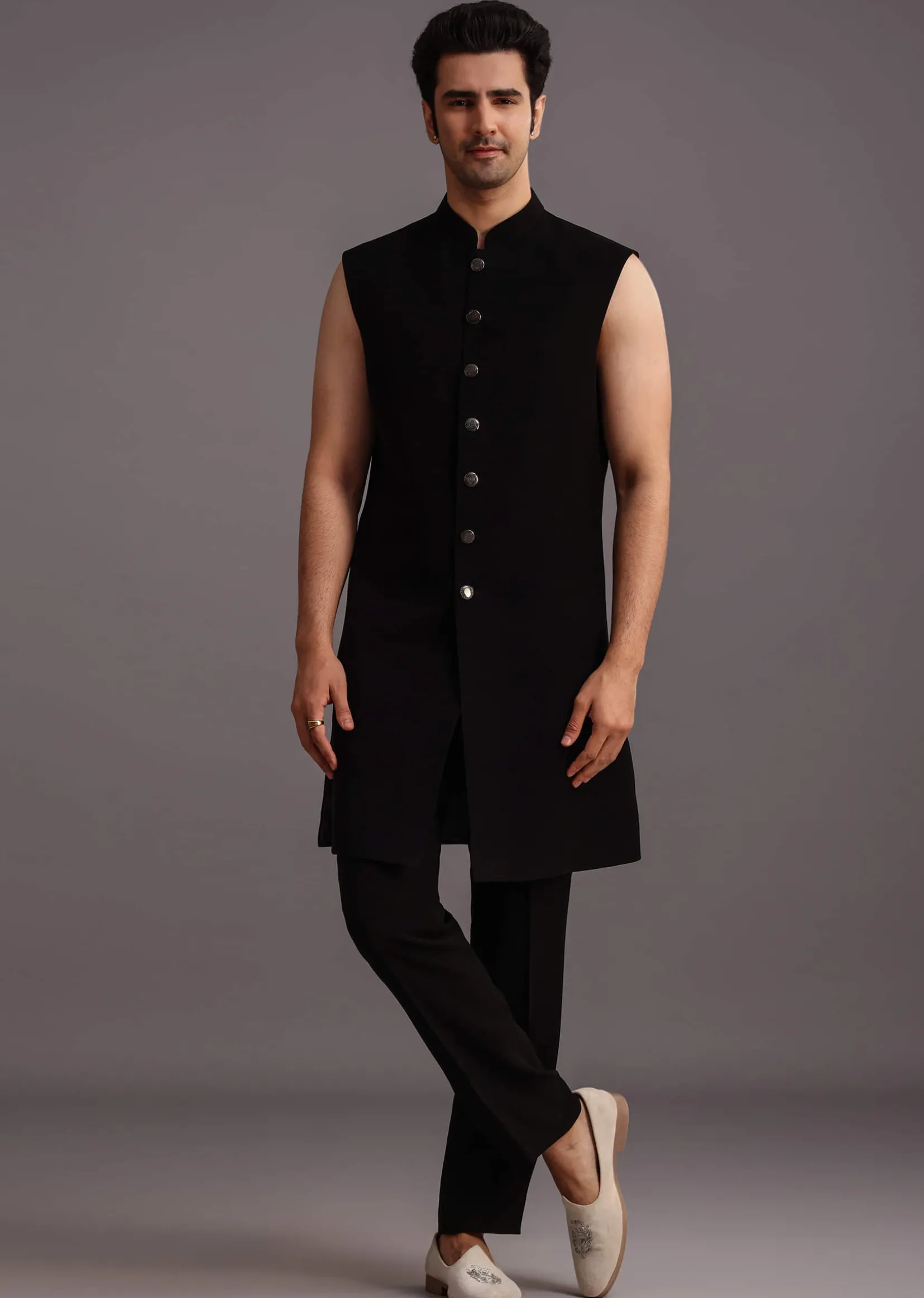 Black Velvet Zari Embroidered Indowestern Trouser Suit