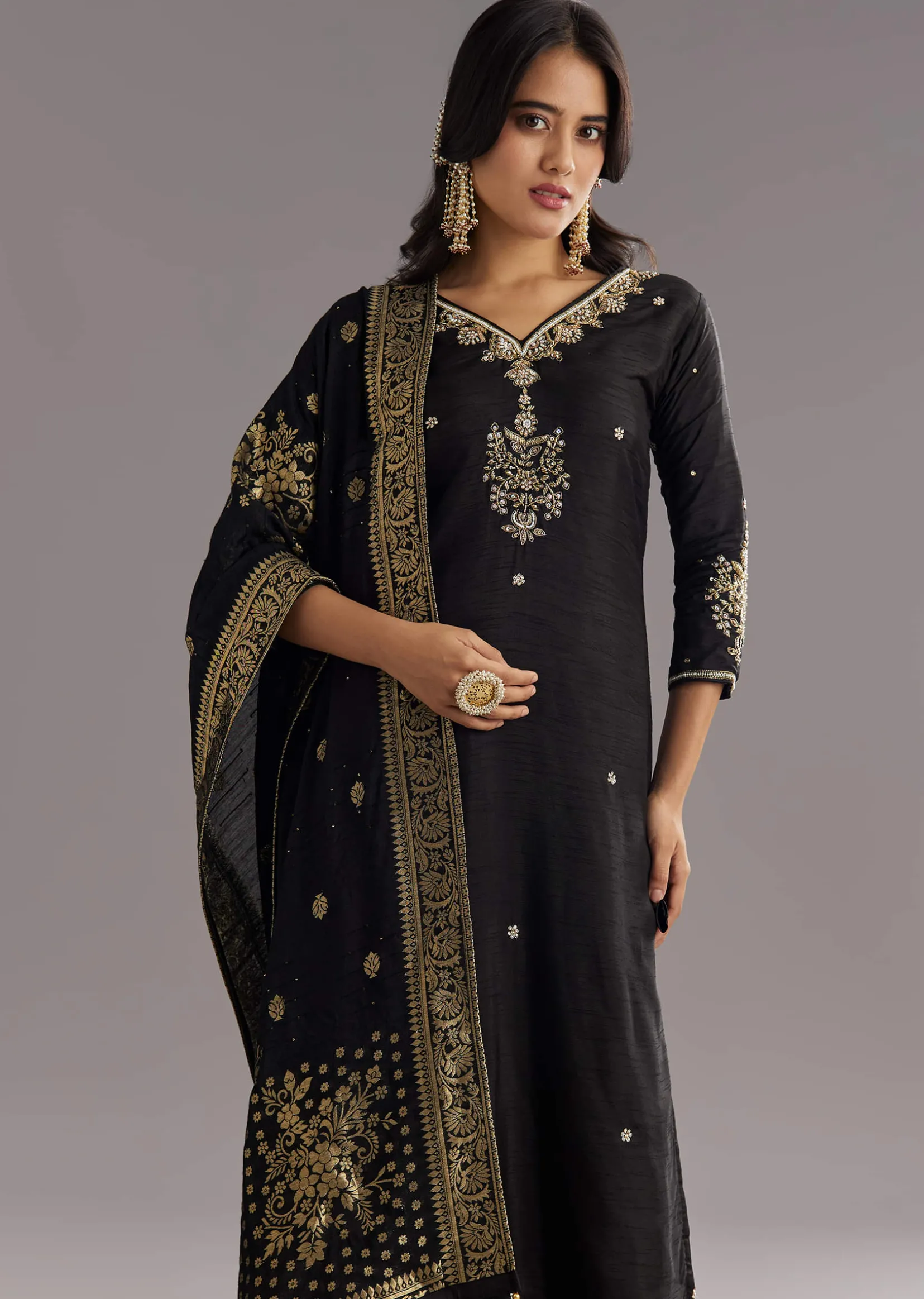 Black Viscose Silk Kurta Set With Zari Moti and Cut Dana Work