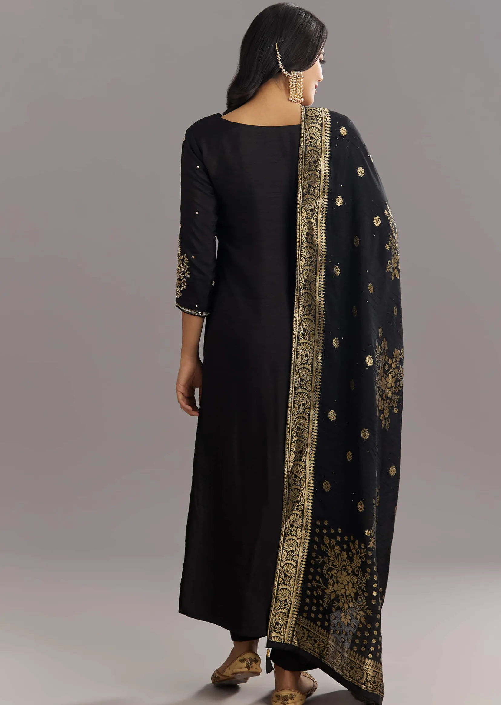 Black Viscose Silk Kurta Set With Zari Moti and Cut Dana Work