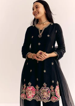 Black Zardosi Work Dola Silk Kurta And Organza Dupatta Suit