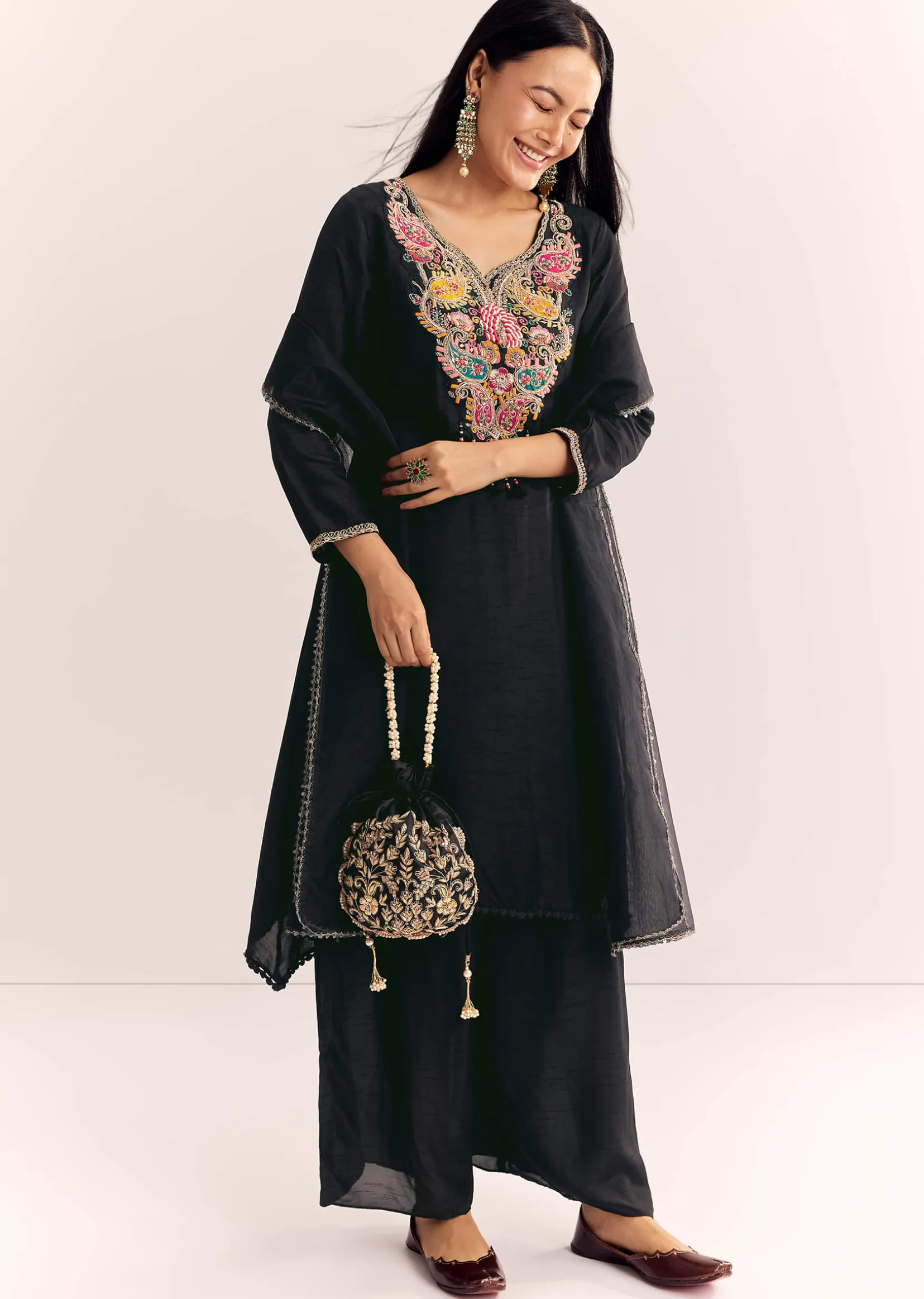 Black Zardosi Work Dola Silk Kurta Set With Organza Dupatta
