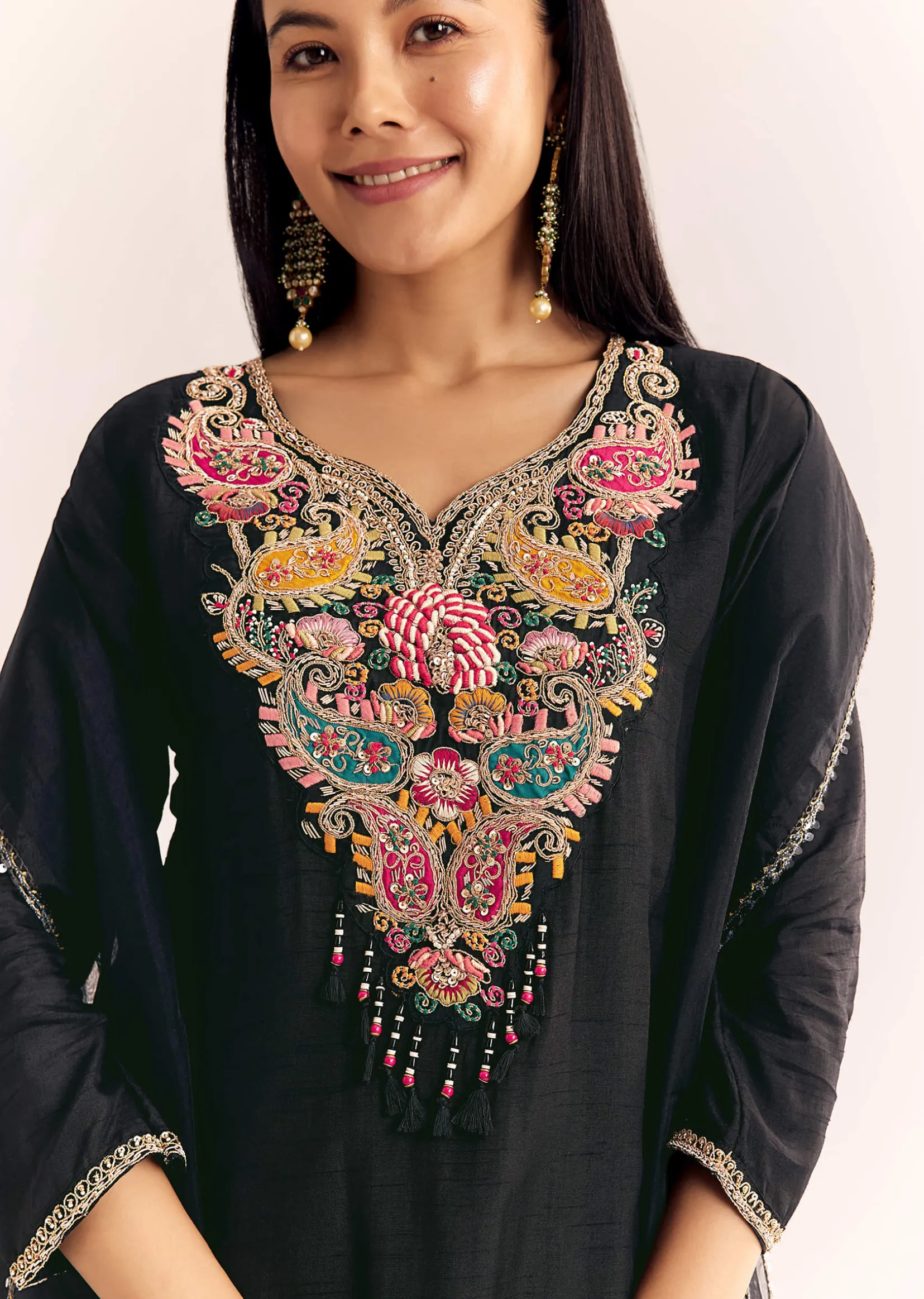 Black Zardosi Work Dola Silk Kurta Set With Organza Dupatta