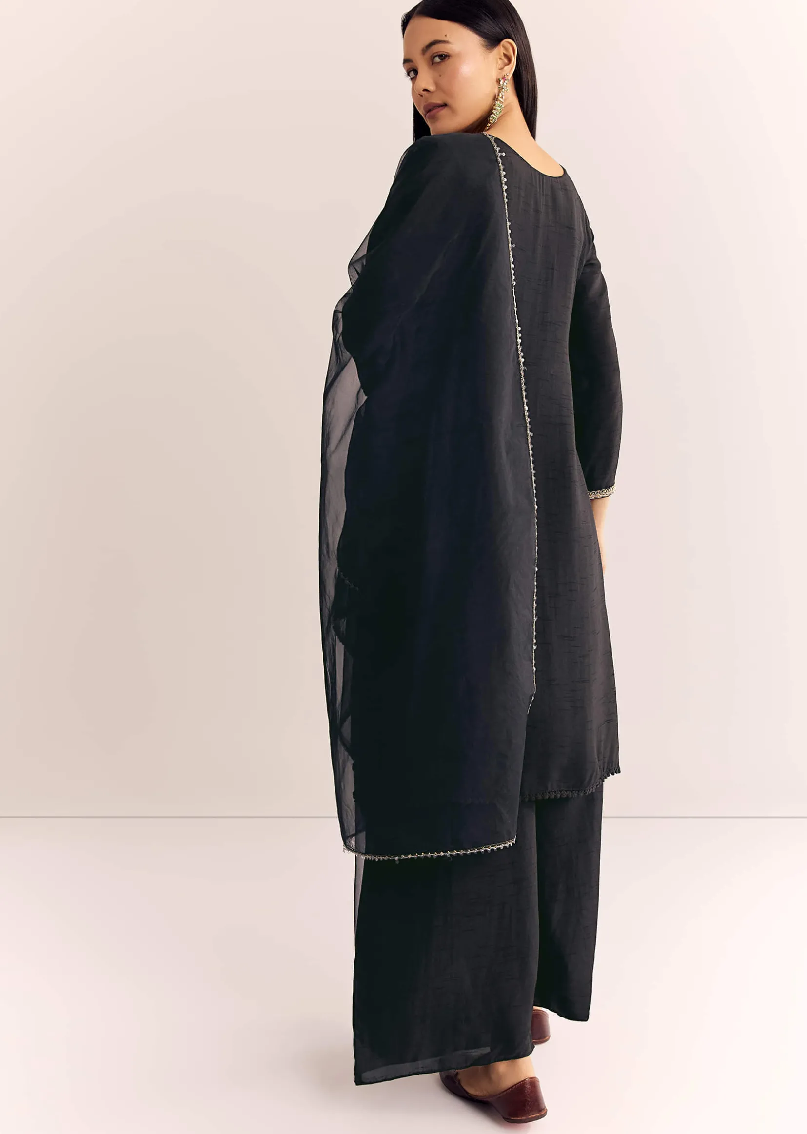 Black Zardosi Work Dola Silk Kurta Set With Organza Dupatta