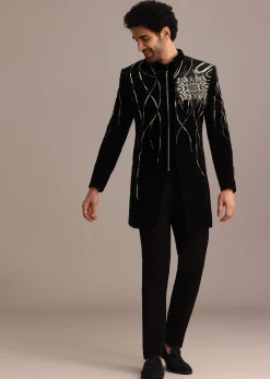 Black Zardozi Embroidered Indo Western Set in Velvet