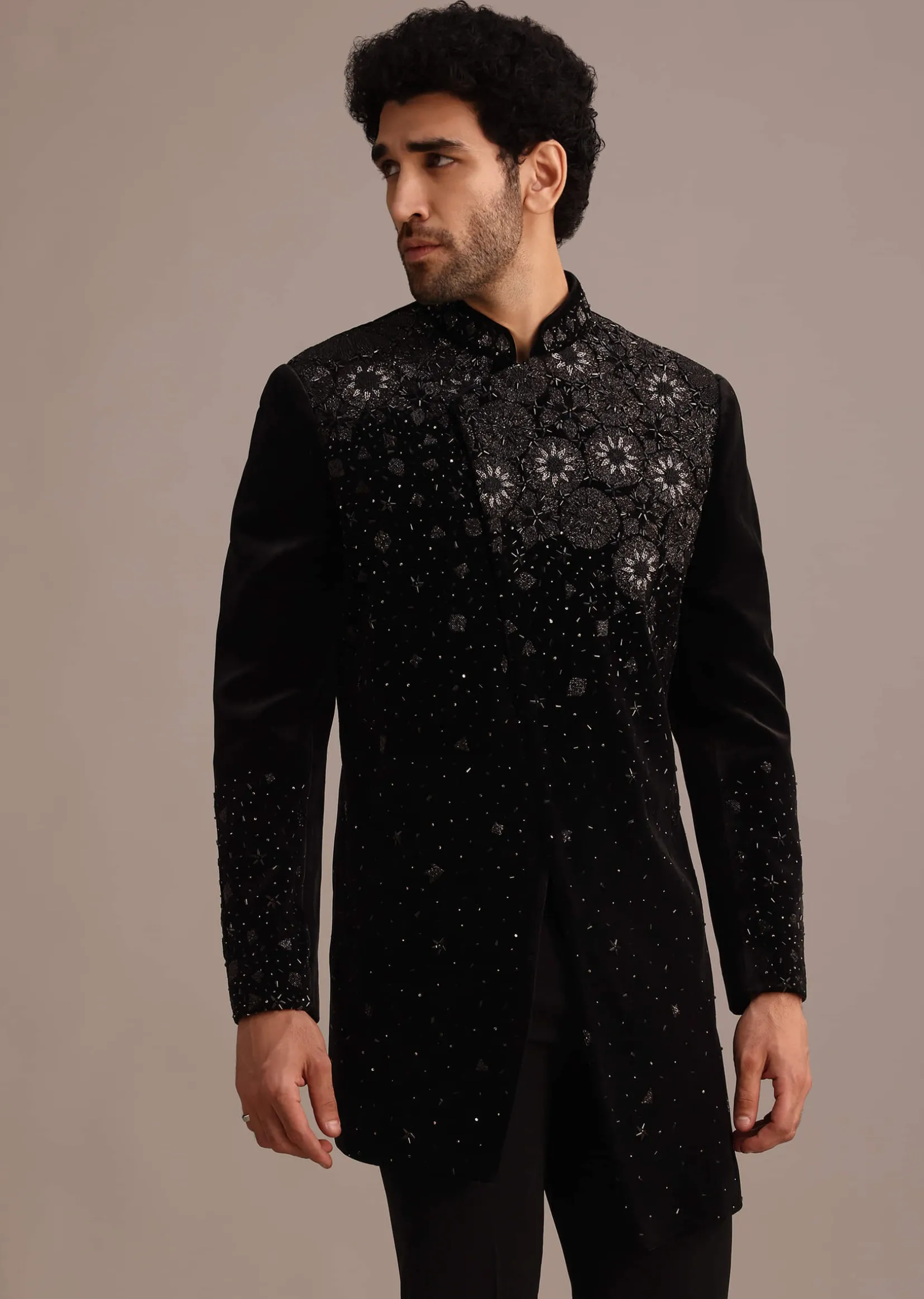 Black Zardozi Work Indo Western Set in Velvet
