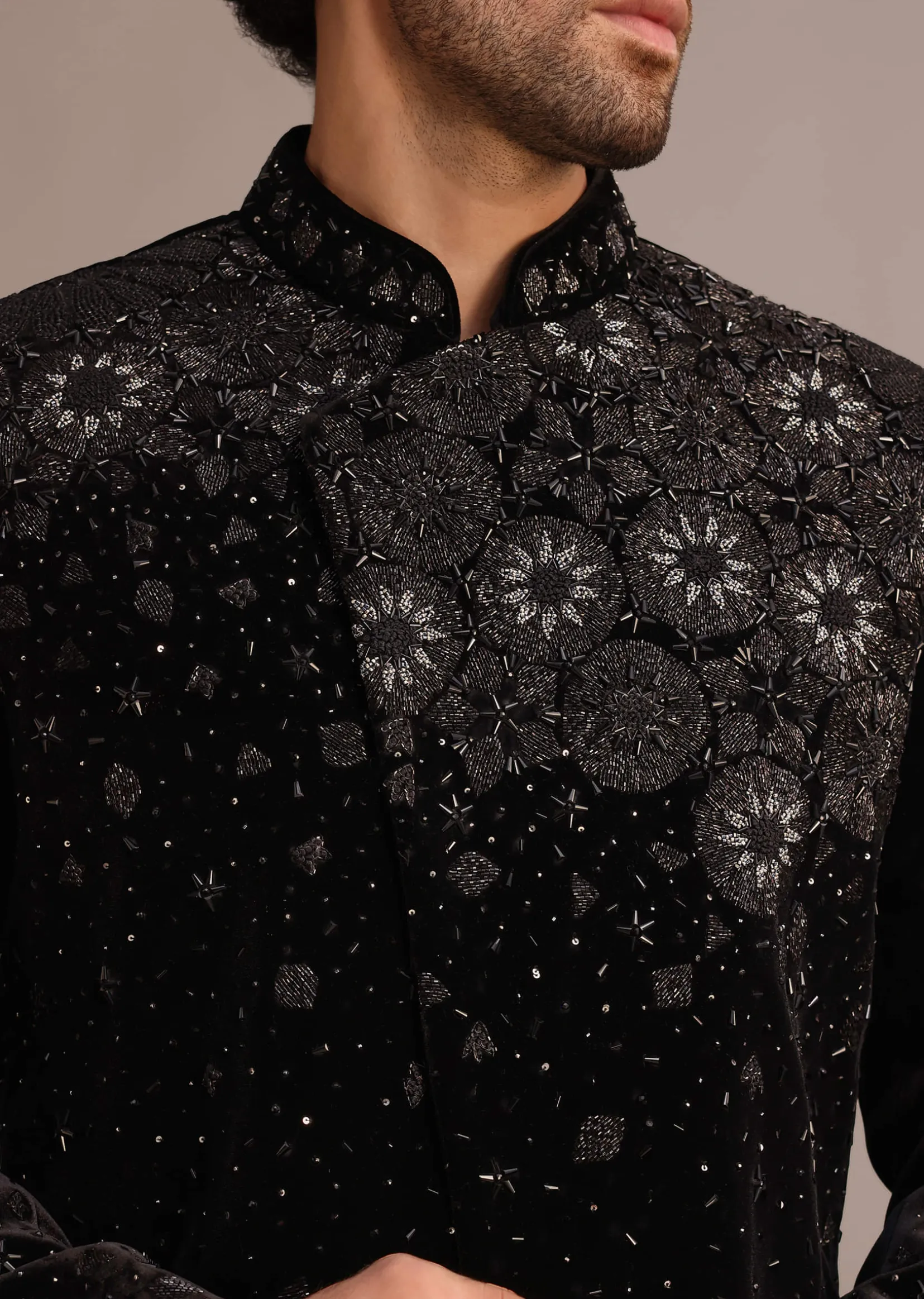 Black Zardozi Work Indo Western Set in Velvet