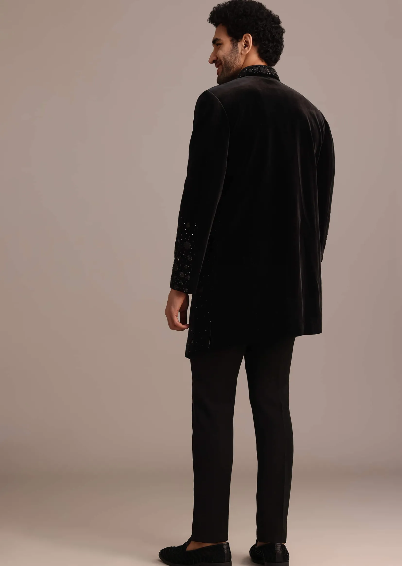 Black Zardozi Work Indo Western Set in Velvet