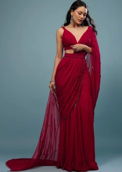 Blood Red Ready-Pleated Saree In Georgette