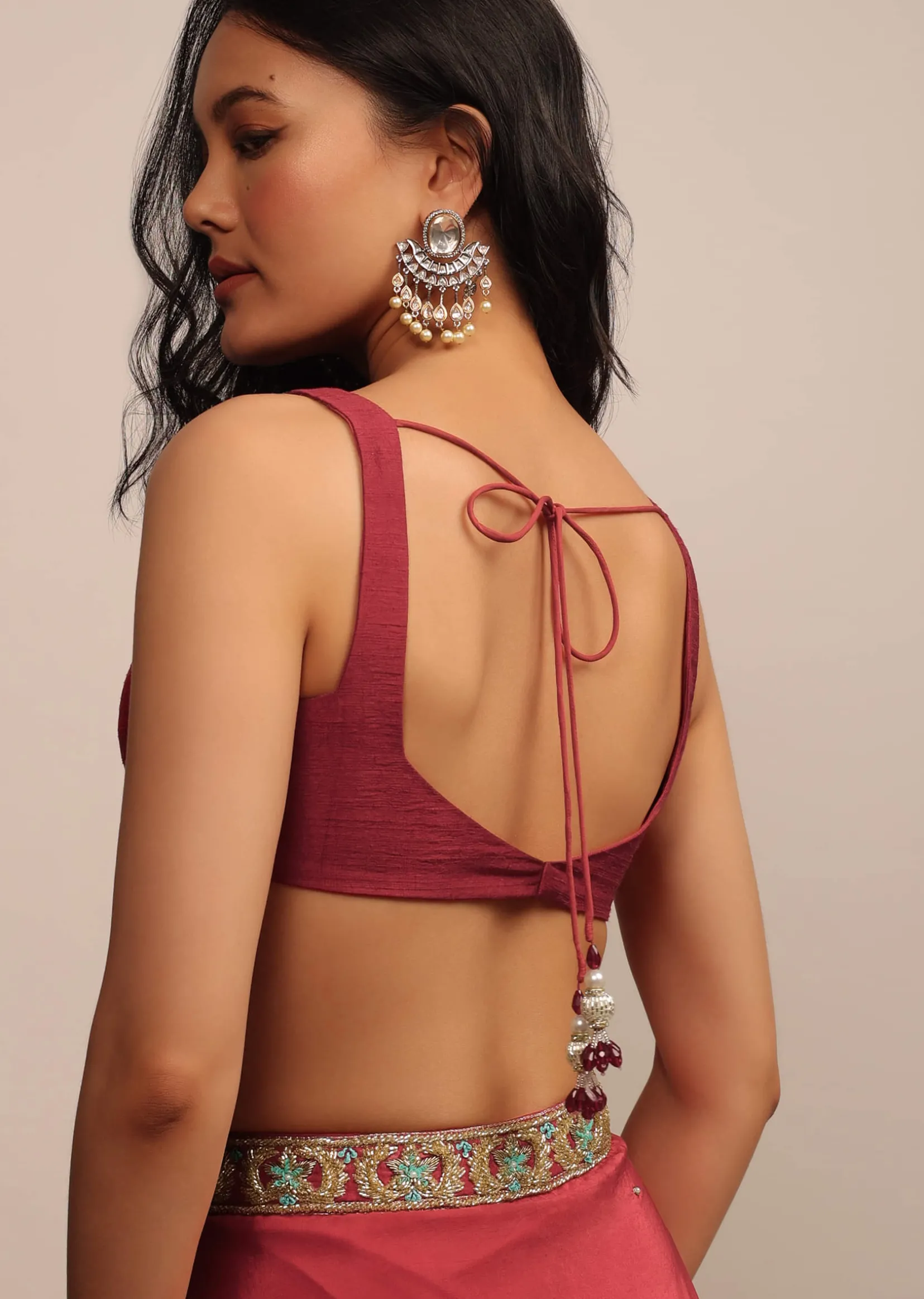 Blood Red Sleeveless Blouse In Raw Silk With Sweetheart Neckline