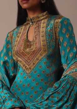 Blue Anarkali Set With Stone Work And Printed Detail