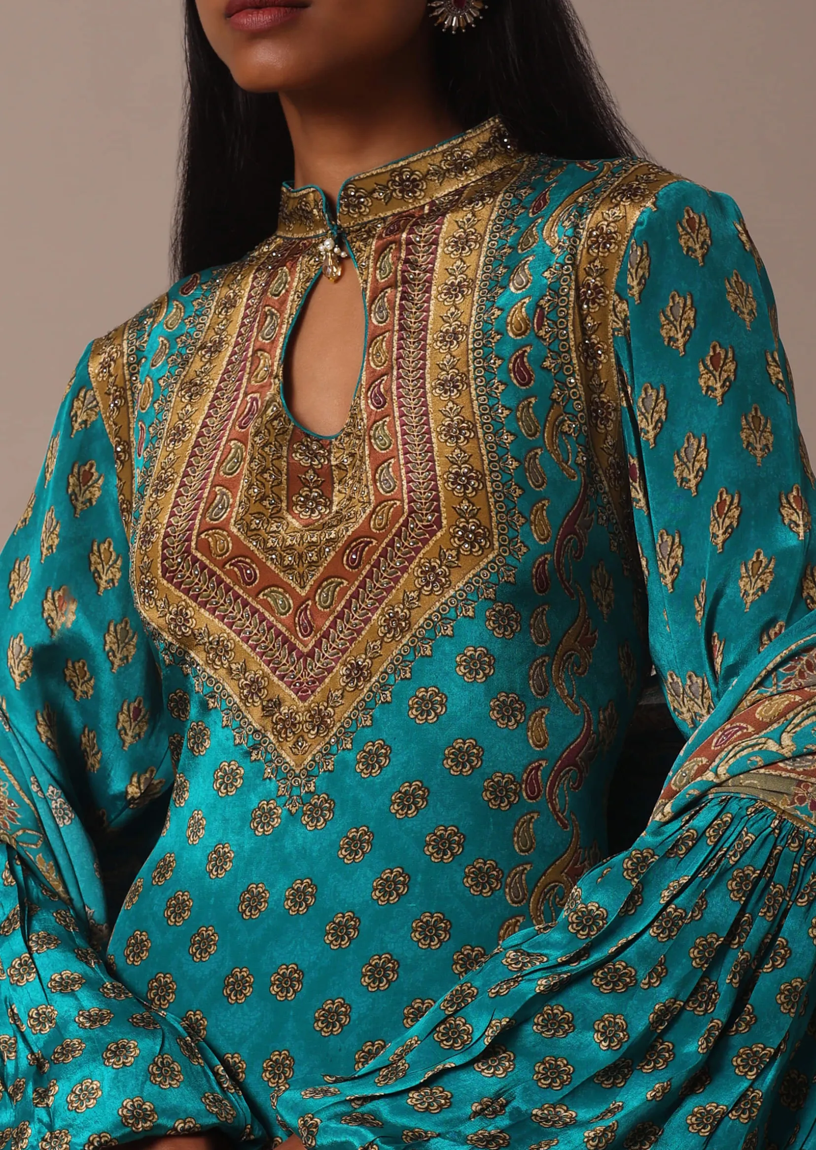Blue Anarkali Set With Stone Work And Printed Detail