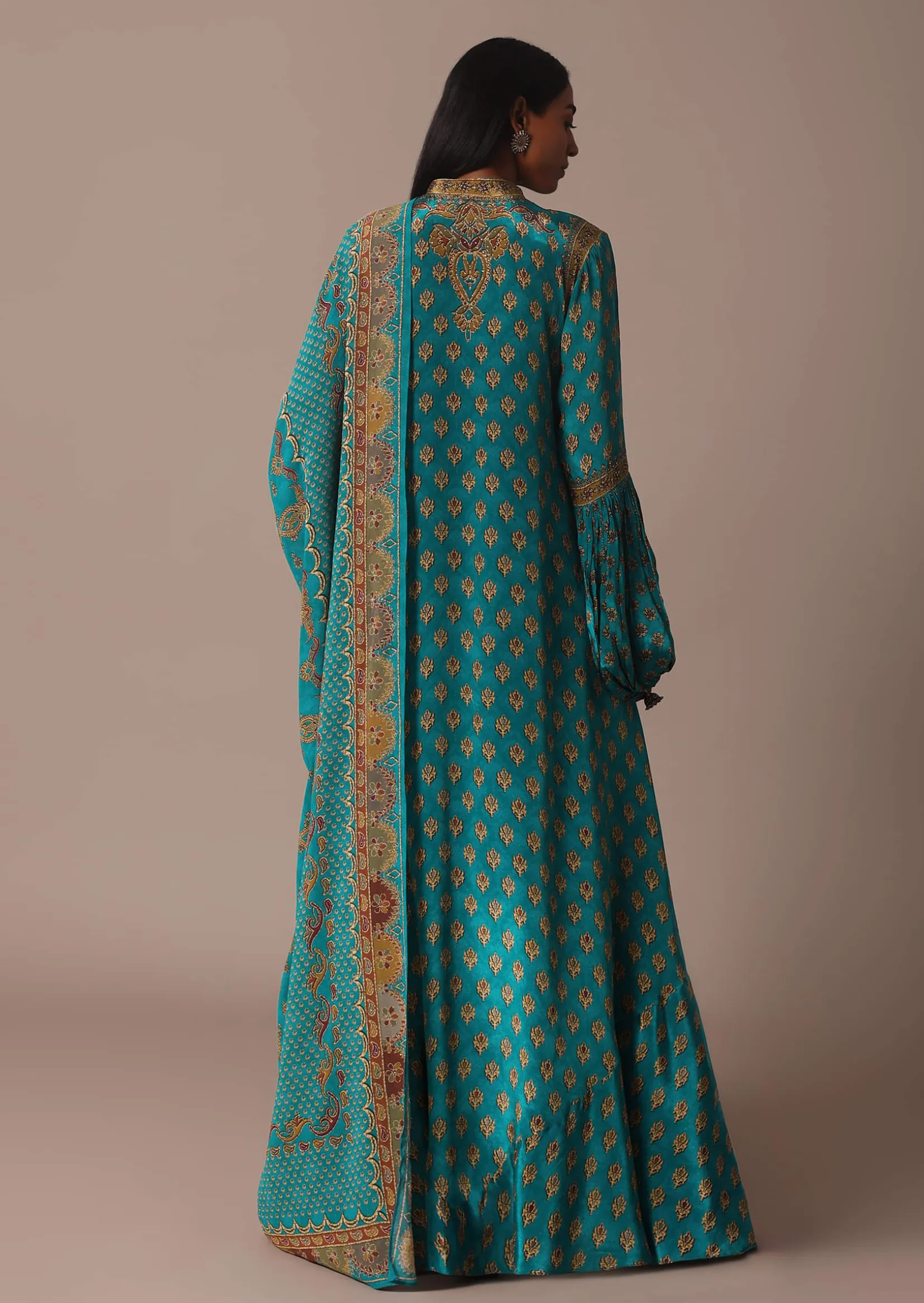 Blue Anarkali Set With Stone Work And Printed Detail