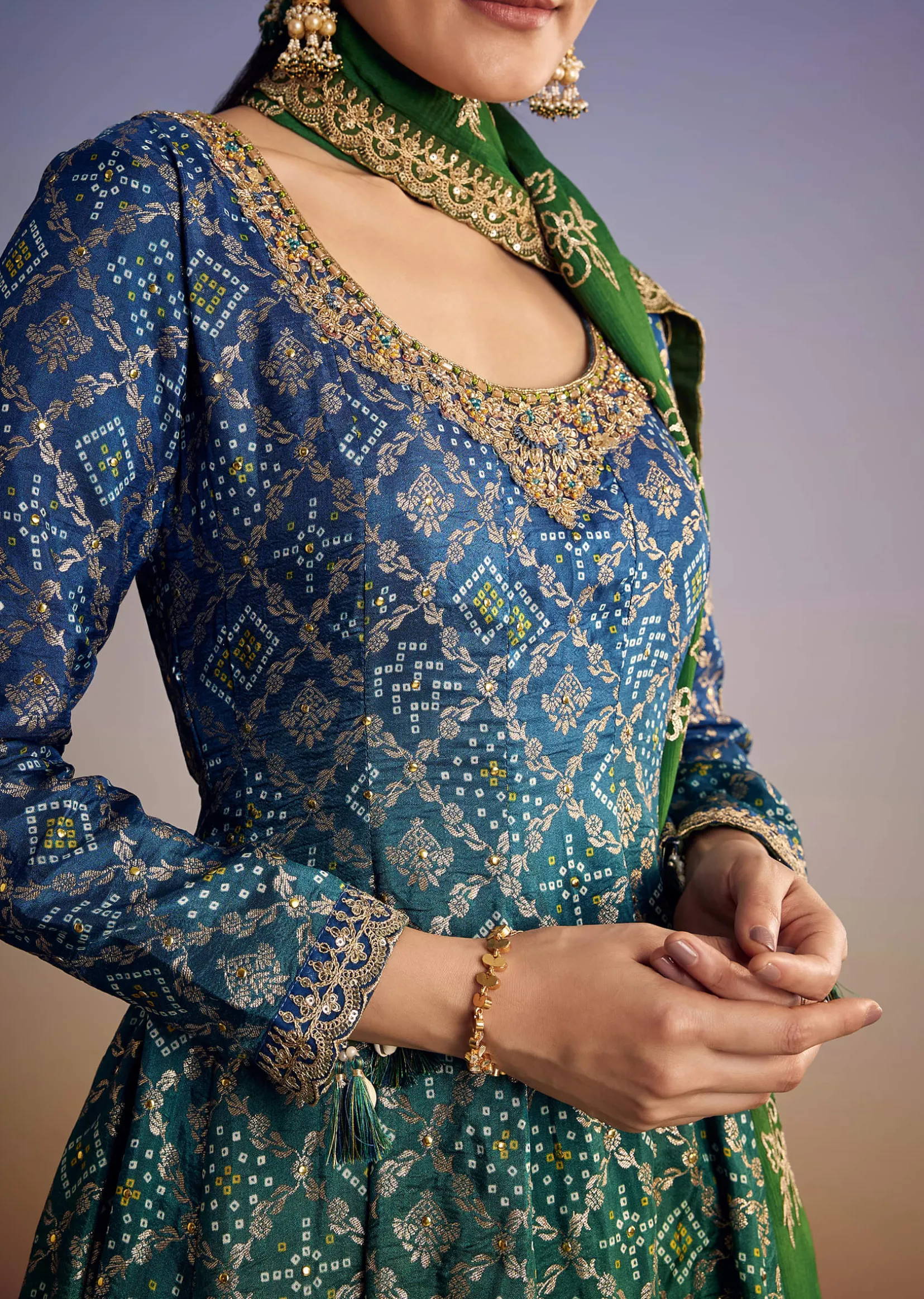 Blue And Green Ombre Bandhani Anarkali Suit With Zardosi Neckline