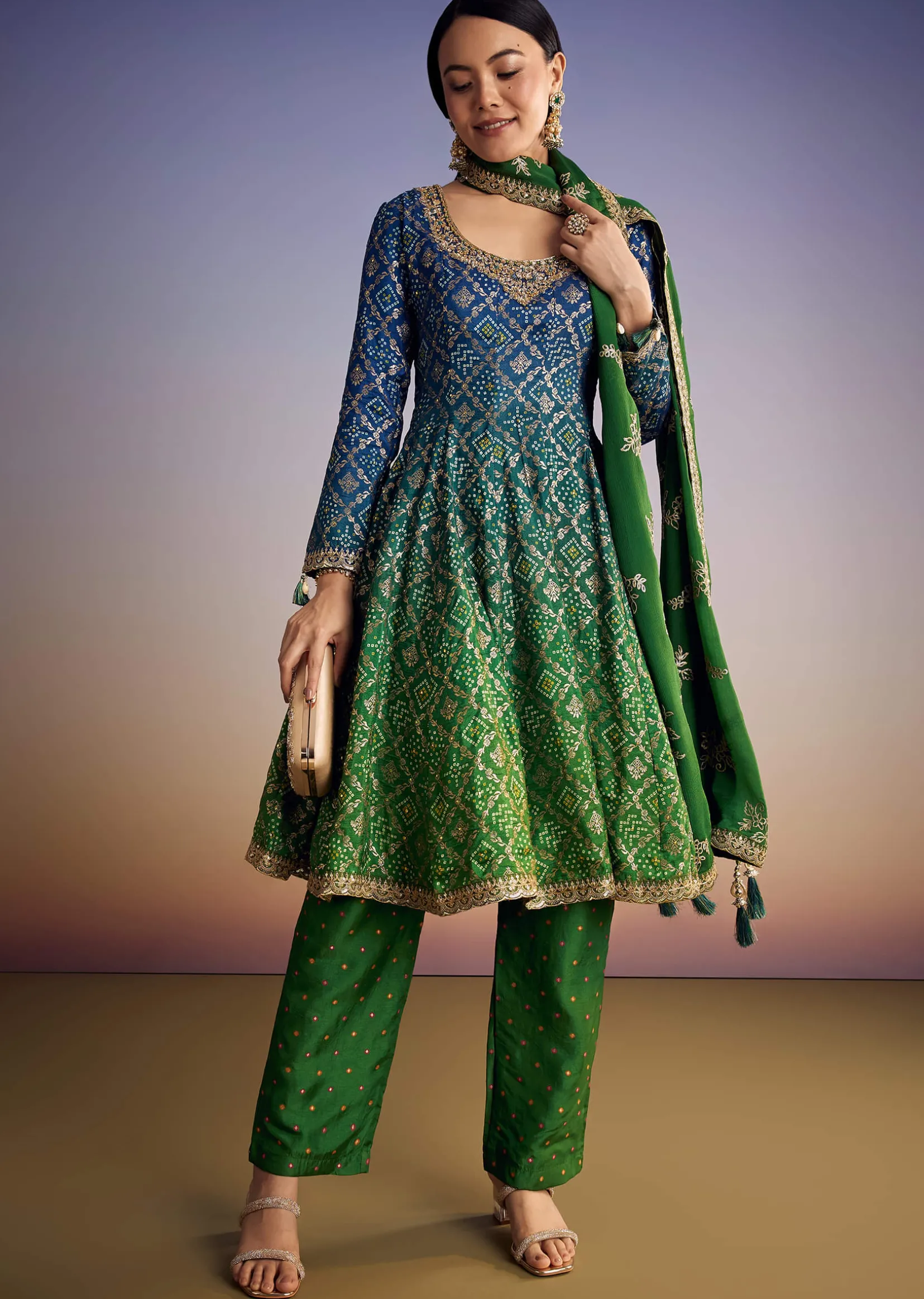 Blue And Green Ombre Bandhani Anarkali Suit With Zardosi Neckline