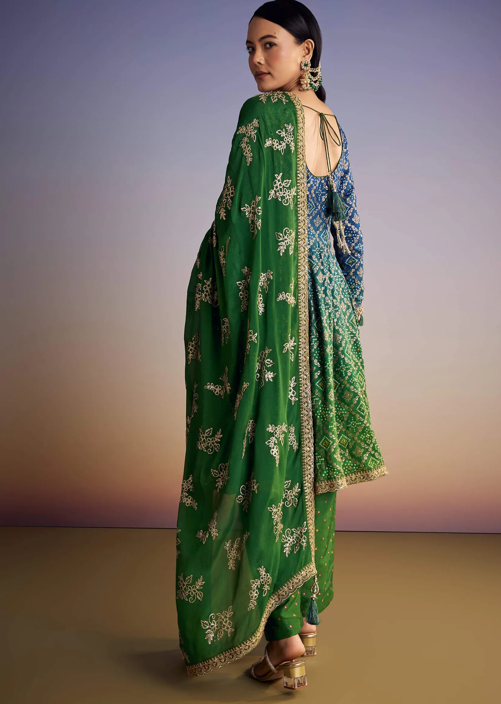 Blue And Green Ombre Bandhani Anarkali Suit With Zardosi Neckline