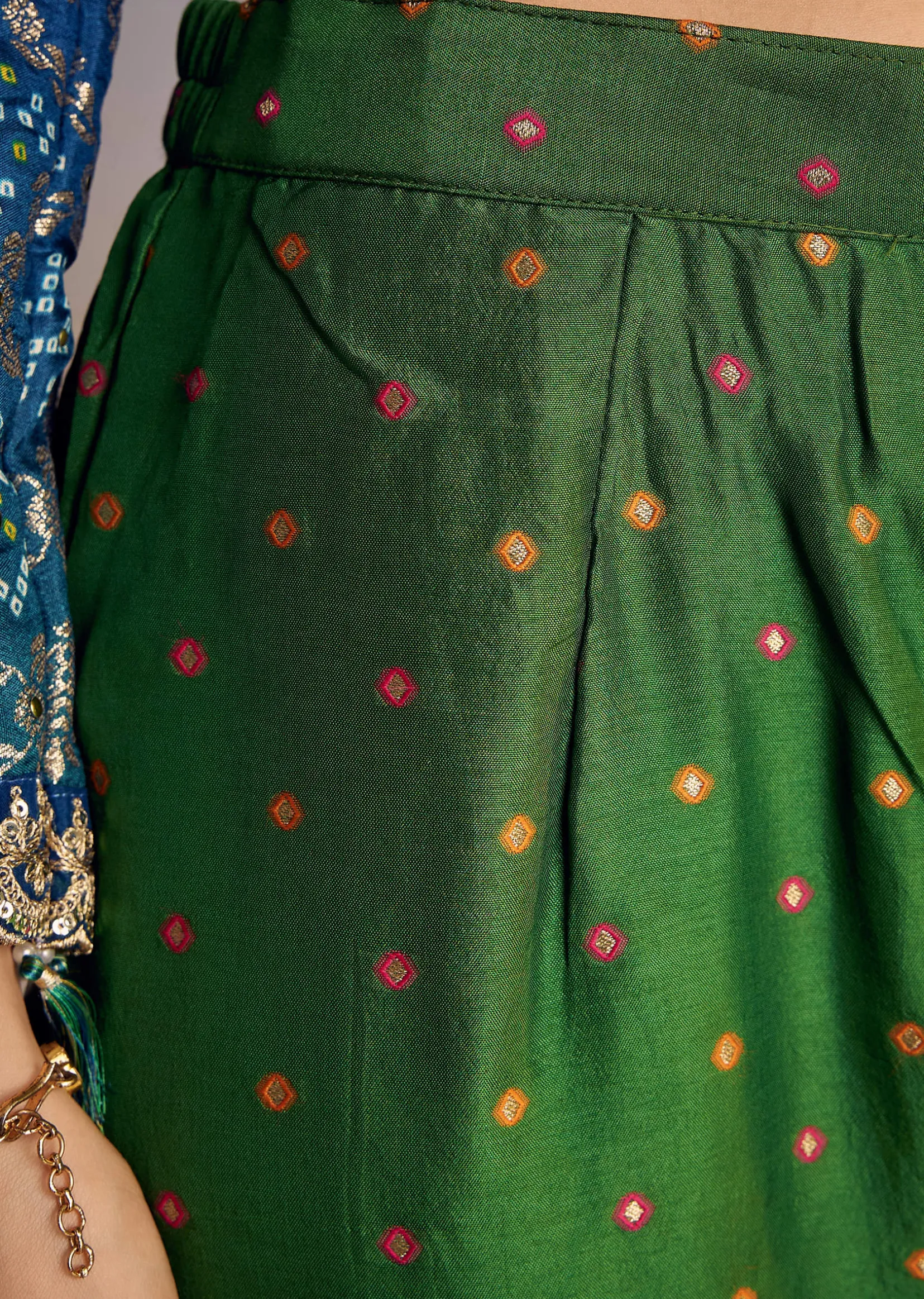 Blue And Green Ombre Bandhani Anarkali Suit With Zardosi Neckline