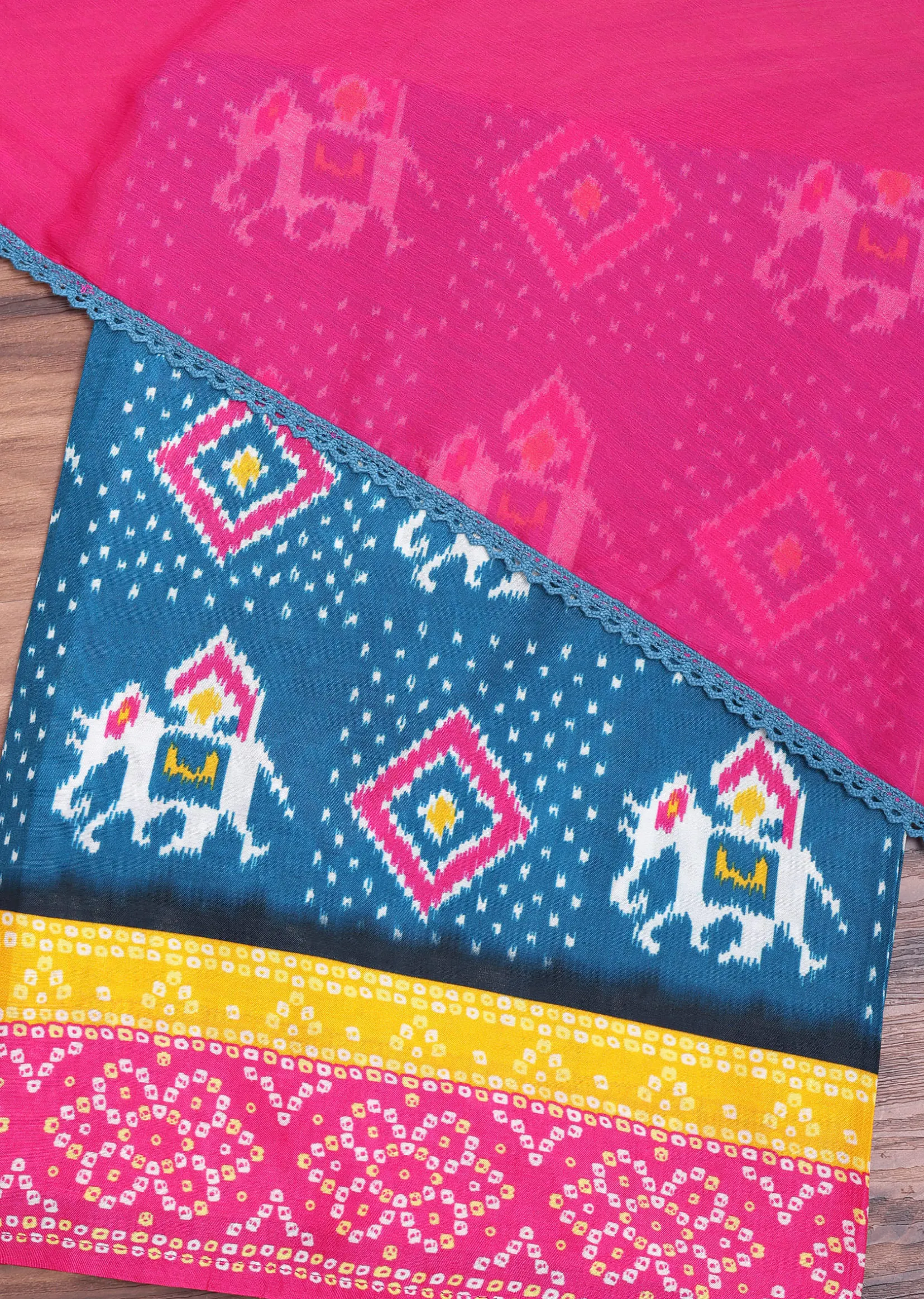 Blue And Pink Patola Printed Tussar Dress Material