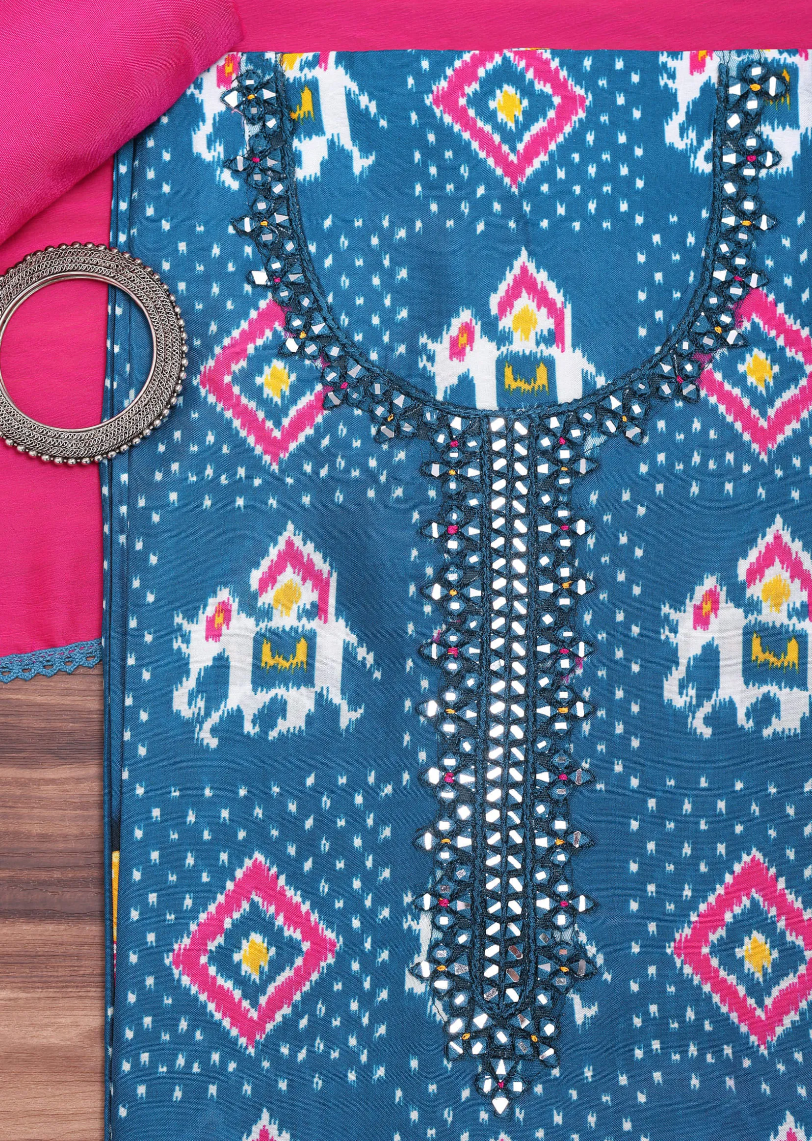 Blue And Pink Patola Printed Tussar Dress Material