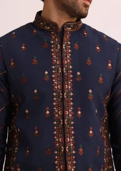 Blue And Red Silk Jacket Kurta Set With Thread Work