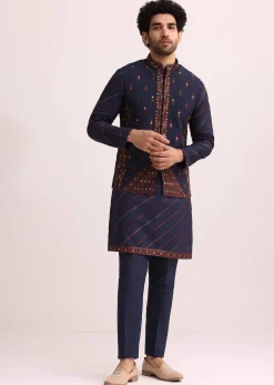 Blue And Red Silk Jacket Kurta Set With Thread Work