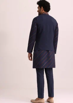 Blue And Red Silk Jacket Kurta Set With Thread Work