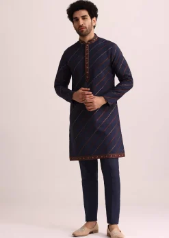 Blue And Red Silk Jacket Kurta Set With Thread Work