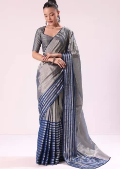 Blue And Silver Half Striped Chanderi Saree Wiith Stitched Blouse