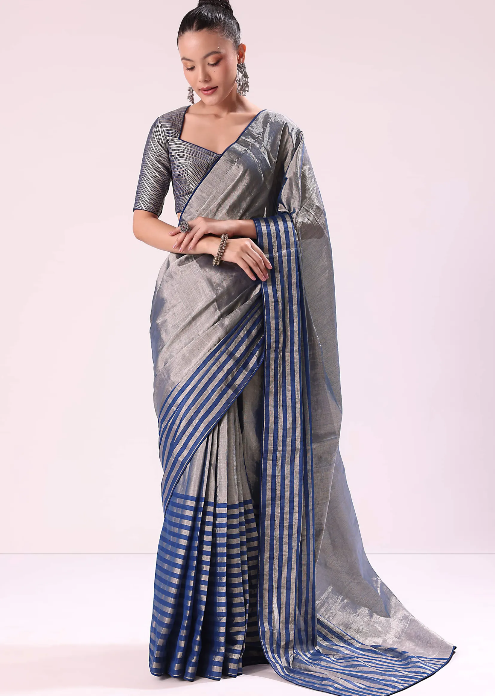 Blue And Silver Half Striped Chanderi Saree Wiith Stitched Blouse