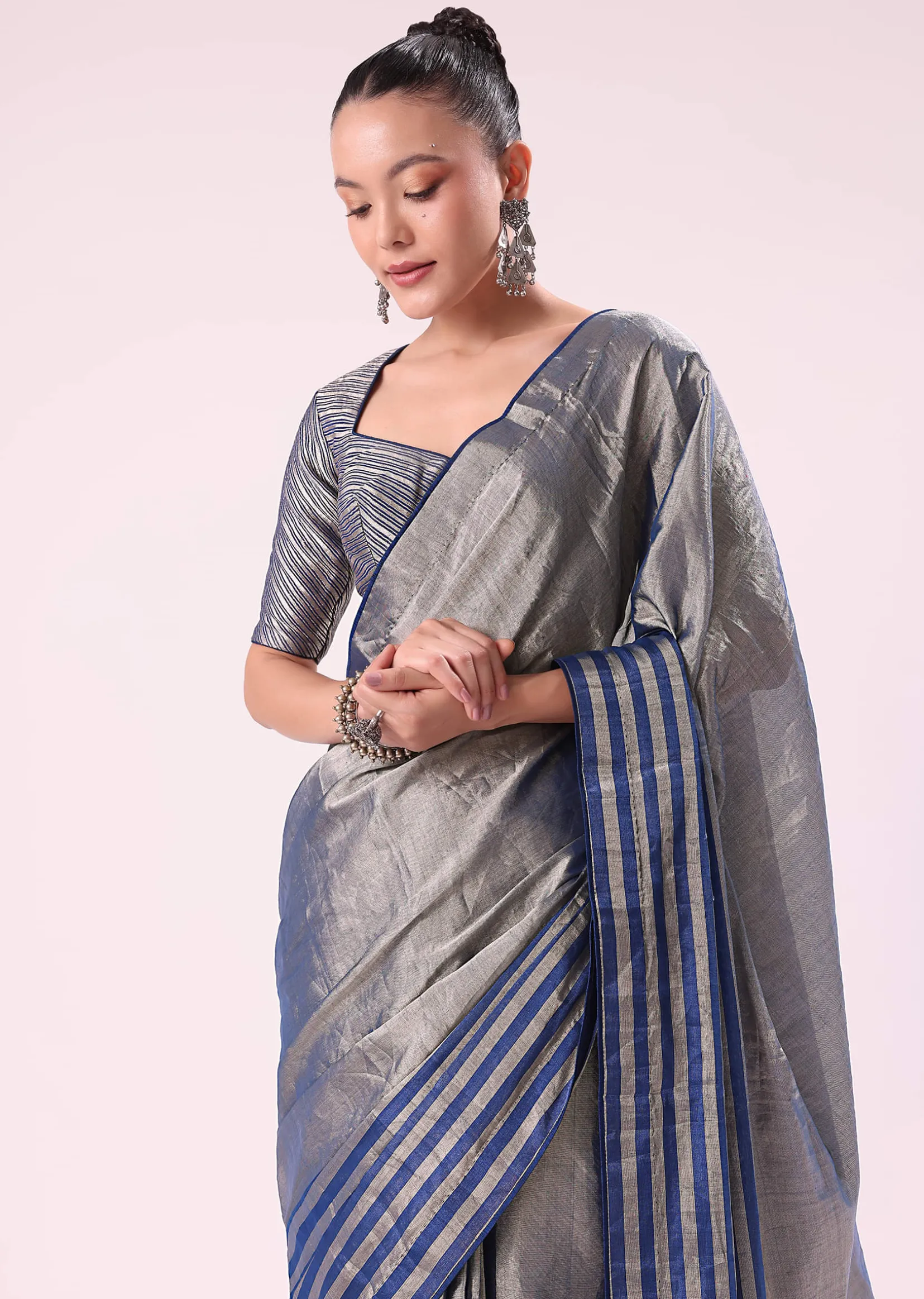 Blue And Silver Half Striped Chanderi Saree Wiith Stitched Blouse
