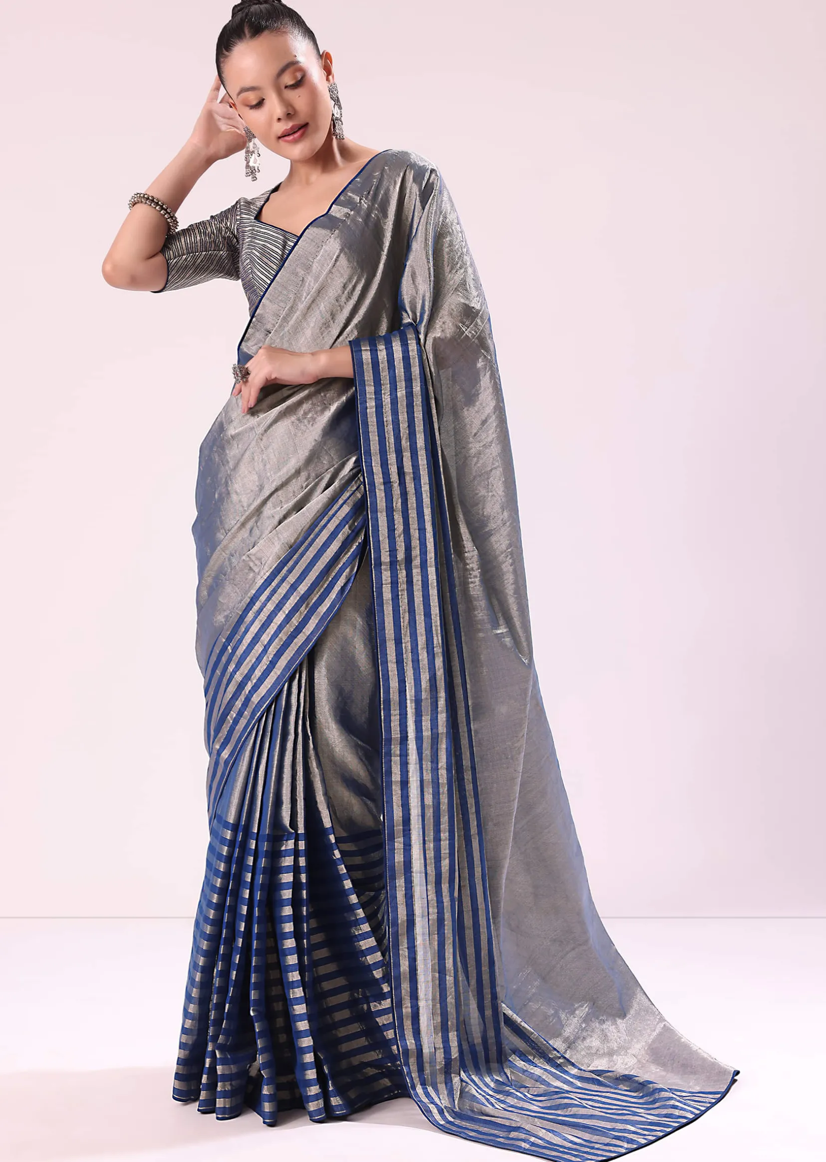 Blue And Silver Half Striped Chanderi Saree Wiith Stitched Blouse