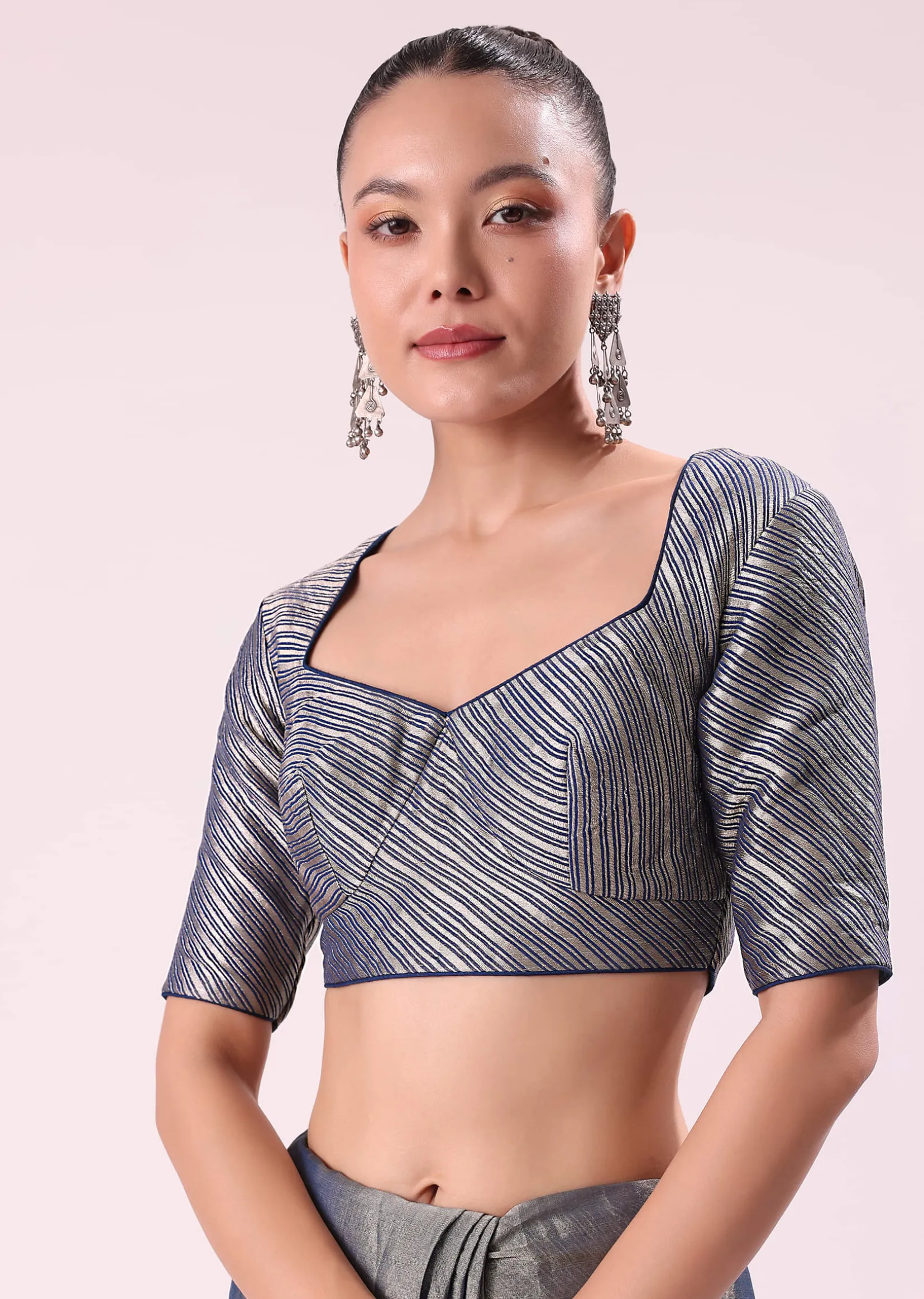 Blue And Silver Half Striped Chanderi Saree Wiith Stitched Blouse
