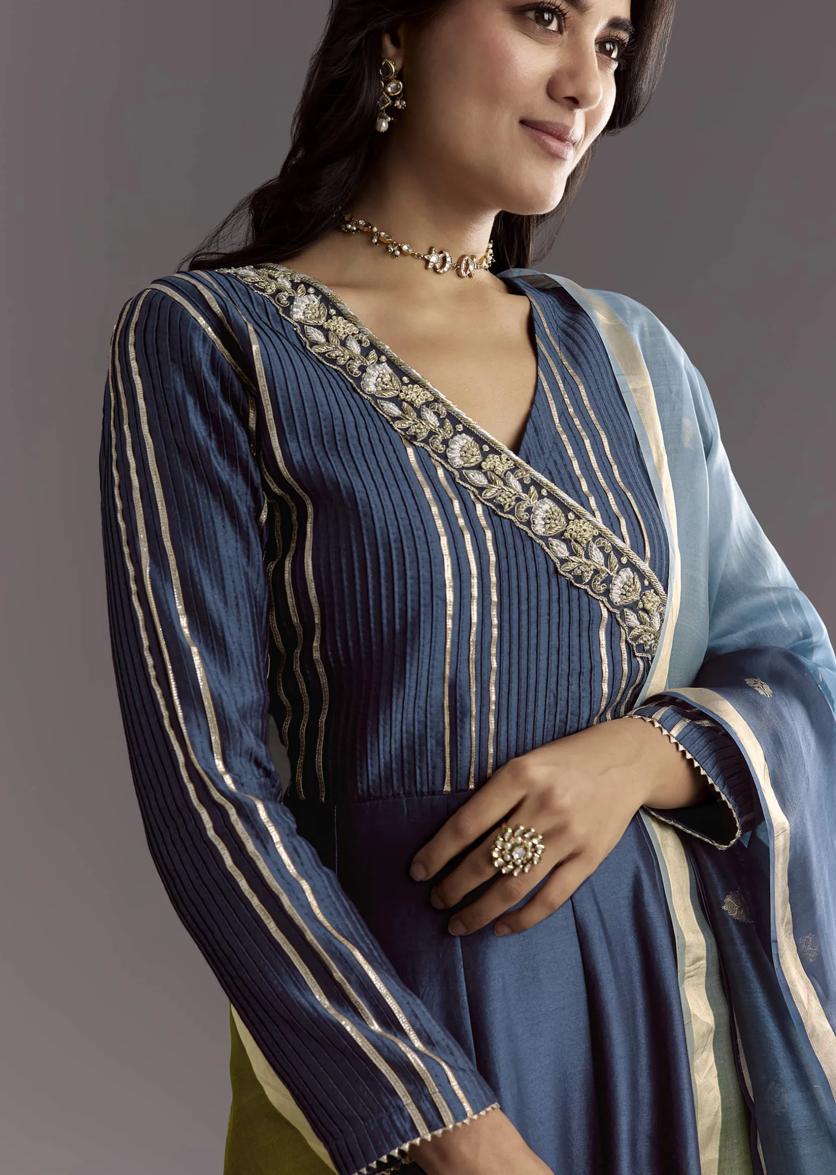 Blue Angrakha Style Anarkali Suit With Butti Work Ombre Dupatta