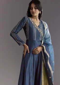Blue Angrakha Style Anarkali Suit With Butti Work Ombre Dupatta