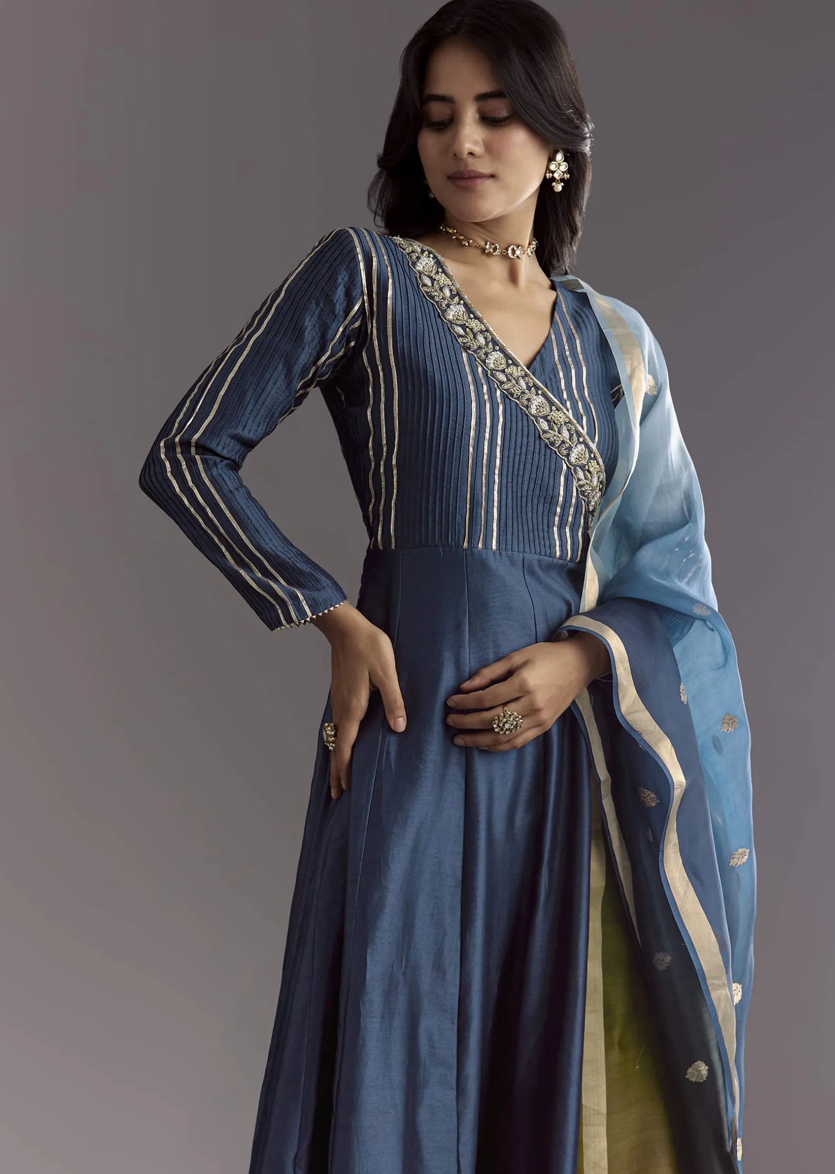 Blue Angrakha Style Anarkali Suit With Butti Work Ombre Dupatta