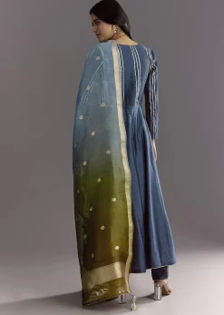 Blue Angrakha Style Anarkali Suit With Butti Work Ombre Dupatta