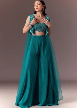 Blue Asymmetric Embroidered Jacket With Blouse And Palazzo Pants