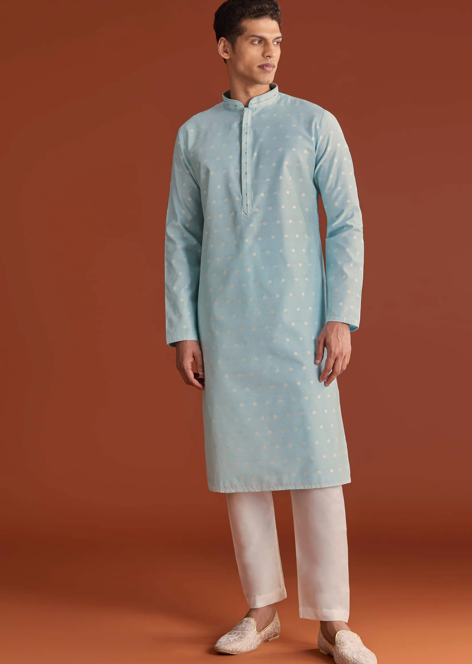 Blue Banaras Jacquard Kurta Set With Printed Design