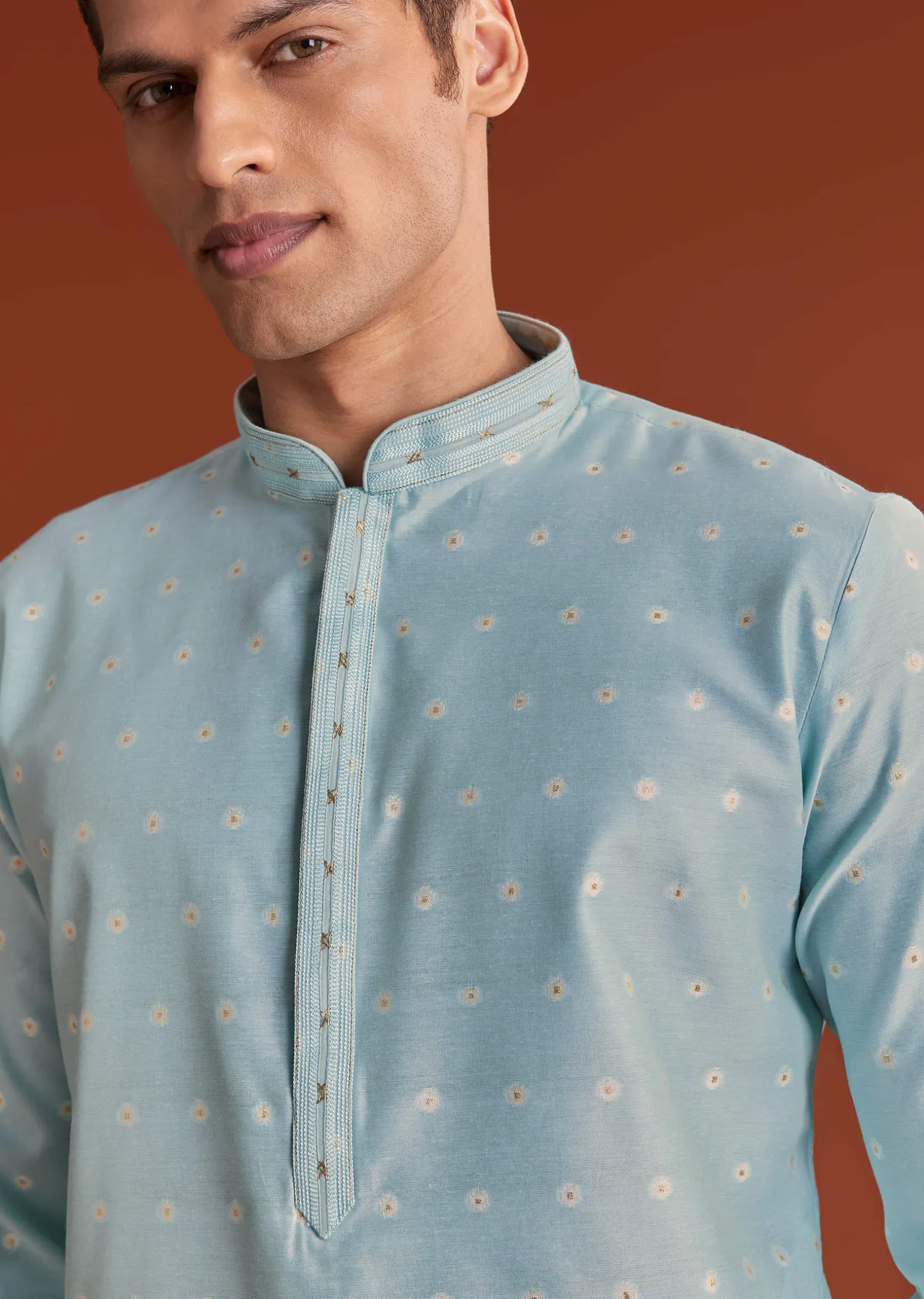 Blue Banaras Jacquard Kurta Set With Printed Design