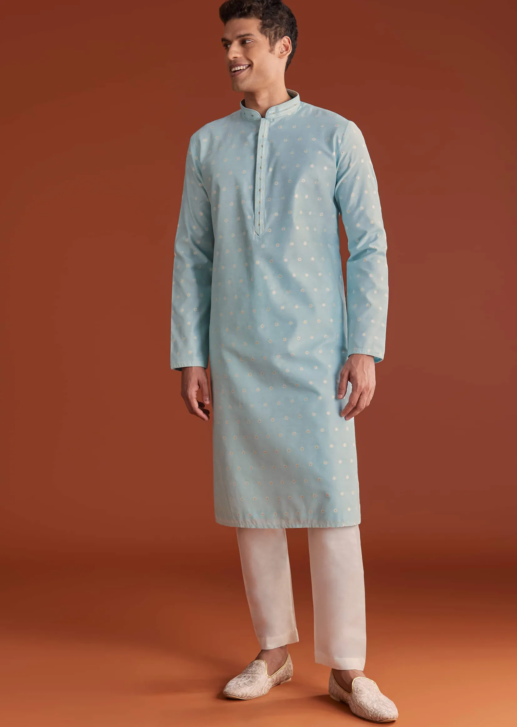 Blue Banaras Jacquard Kurta Set With Printed Design